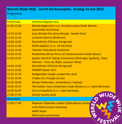 Programma - Wereld Wijde Wijk - Gerrit Sterkmanplein. Zondag 14 mei 2023
